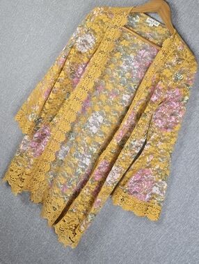 Jolie & Joy Floral Print Lace Cardigan Yellow Sz L